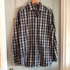 Peter Millar Men's L Blue Brown Plaid 100% Cotton Button Up Long Sleeve Shirt